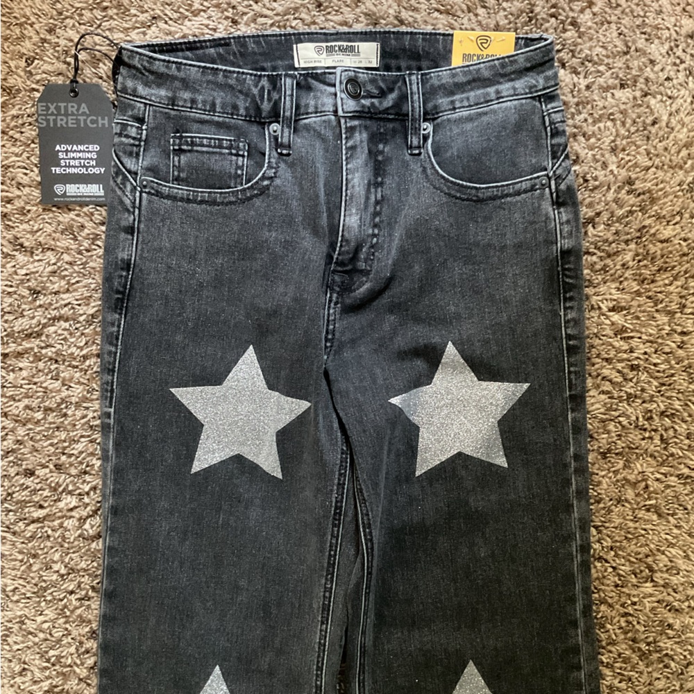 Black Flare Jeans with Silver Glitter Star Accents - Picture 4 of 5